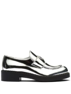 Women Prada Triangle Logo Metallic Loafers